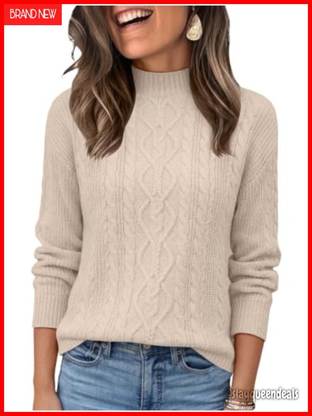 Womens Cable Knit Mock Neck Long Sleeve Pullover Sweater